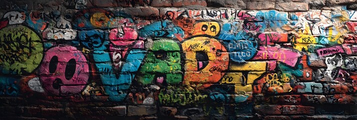 Vibrant and colorful graffiti mural covers an entire urban brick wall, showcasing a chaotic mix of tags and colors of modern street art culture.