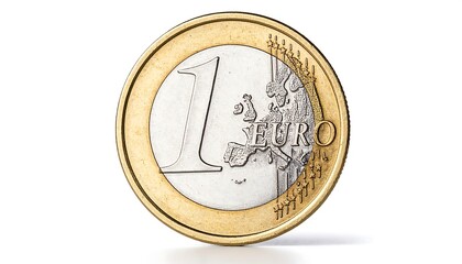 Close-up of a one euro coin on a white background, showing map and monetary value