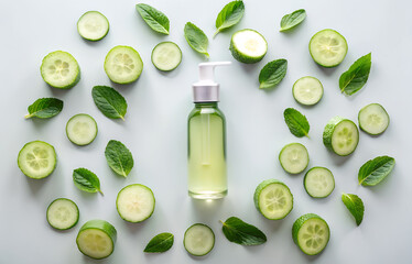 Refreshing cucumber and mint skincare serum surrounded by sliced cucumbers and mint leaves
