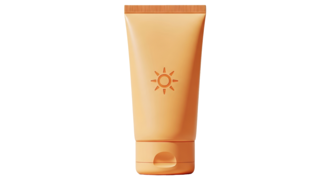 Isolated orange tube of sunscreen with sun symbol protects against harmful UV rays on body