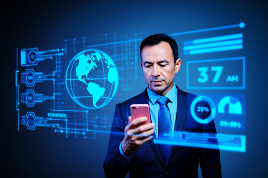 Businessman interacts with futuristic holographic display phone technology