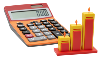 Isolated economic forecast showing steady growth with calculator next to rising candles