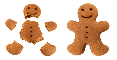 Gingerbread man isolated on white background. Top view. Flat lay.