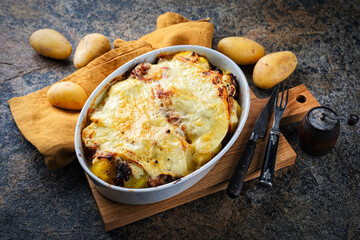 Obraz na płótnie Canvas Artisan homemade oven baked tartiflette wih potato and reblochon cheese in casserole dish