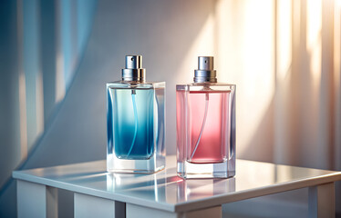 Two glass perfume bottles one filled with pink and blue liquid