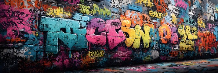Vibrant and colorful graffiti mural covers an entire urban brick wall, showcasing a chaotic mix of tags and colors of modern street art culture.