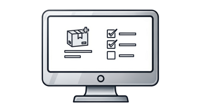 Isolated application on computer monitor for shipping management with package and checklist