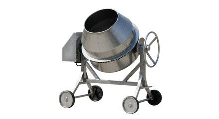 Isolated concrete mixer machine with wheel, metal drum, and mechanical parts, construction