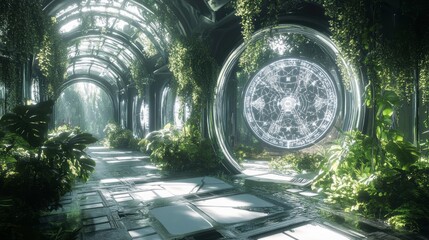 Imagine a futuristic greenhouse exotic plants thrive, blending technology nature, inspiring science and engineering enthusiasts passionate about innovation, creativity in agriculture, and biodiversity