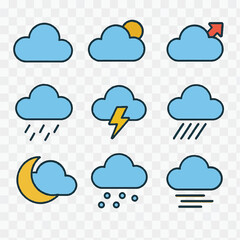 Obraz premium Flat vector weather cloud icons set: sun, rain, storm, snow. SEO-optimized blue line art for Adobe Stock designs