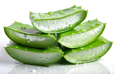 Three fresh green aloevera leaves sliced in half