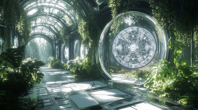 Imagine a futuristic greenhouse exotic plants thrive, blending technology nature, inspiring science and engineering enthusiasts passionate about innovation, creativity in agriculture, and biodiversity