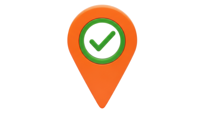 Isolated location pin with check mark symbol for maps or geolocation applications