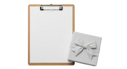 Isolated blank clipboard next to a present gift box, promotional material, merchandise