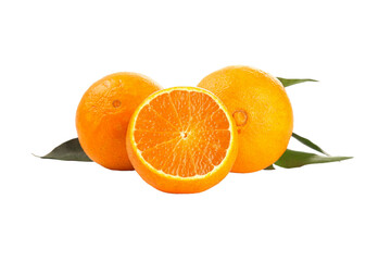 Fresh Ehime Oranges Cut in Half with Leaves on White Background - Japanese Citrus Fruit