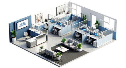 modern acme insurance office a 3d model of efficient workspace design, isolated on transparent background