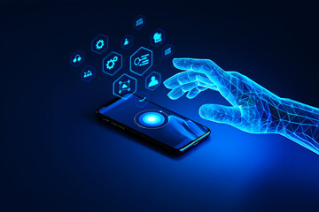 Digital hand interacting with holographic icons above smartphone image