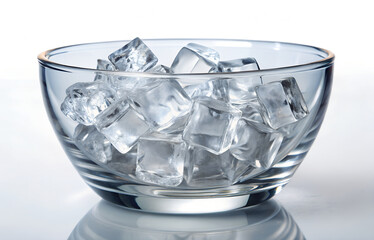 A clear glass bowl filled with ice cubes