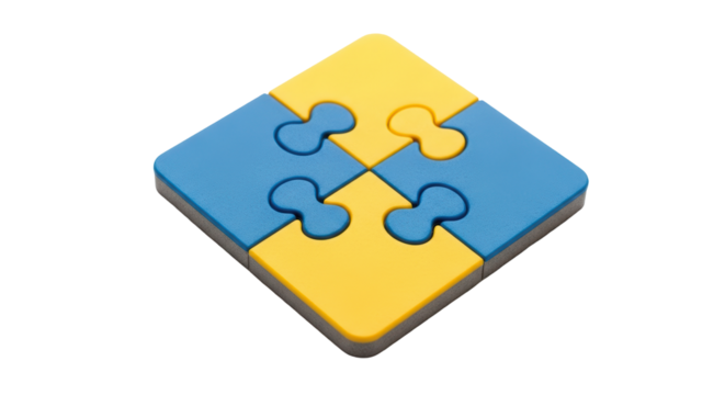Isolated jigsaw puzzle of four pieces, connected and arranged in a square shape on surface