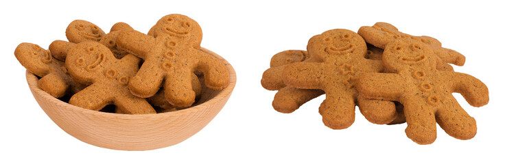 Gingerbread man in wooden bowl isolated on white background