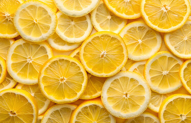 A close up array of fresh lemon slices showcasing