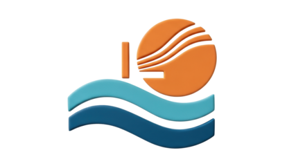 Isolated icon symbol representing a round sun with horizontal lines and blue waves design