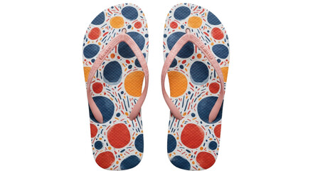 Isolated pair of patterned summer flip-flops for a hot day in the sun. Colorful, fun shoes.