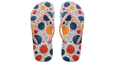 Isolated pair of patterned summer flip-flops for a hot day in the sun. Colorful, fun shoes.