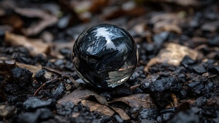 Glass Sphere Reflecting Trees on Dark Soil with Fallen Leaves