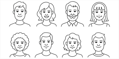 Collection Of Outline Human Avatars With Varying Facial Features And Hairstyles Keywords: avatar, people, icons, outline