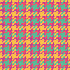 Vibrant, seamless plaid pattern. Retro textile design with yellow, pink, and teal colors. Ideal for backgrounds, fabrics,  graphic design projects.