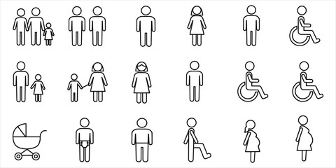 Collection of simplified human figure icons for various people and situations Keywords: people icons, human figures, family, man