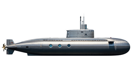 Isolated submarine in profile view featuring propulsion and deck, naval vessel in gray