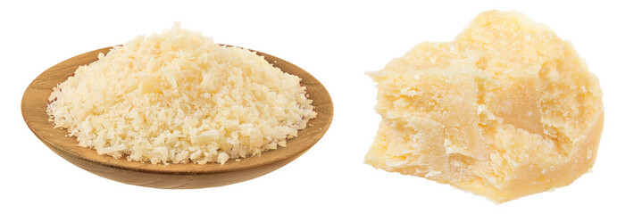 grated parmesan cheese in wooden bowl isolated on white background