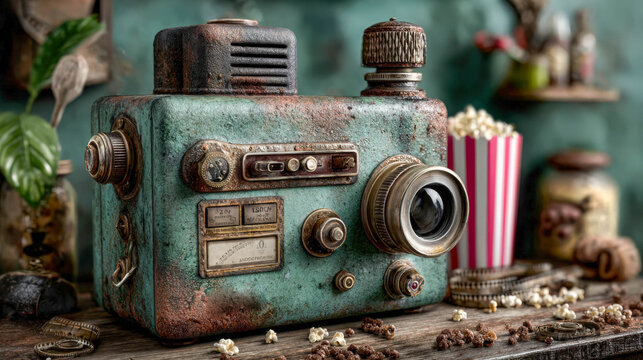 Old metal film projector with a rusty surface and retro details.