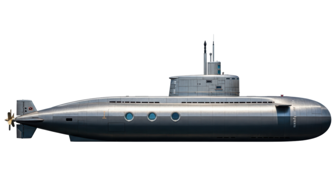 Isolated submarine in profile view featuring propulsion and deck, naval vessel in gray