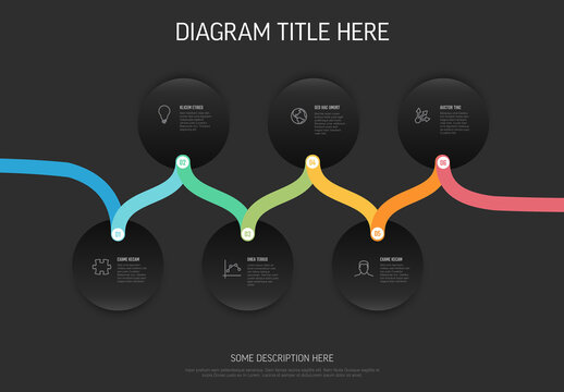 Modern Timeline Infographic Diagram Template with Six Steps on Dark Background
