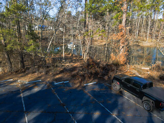 Aerial landscape Clarks Hill Lake in winter after Hurricane Helene in Appling Augusta Georgia