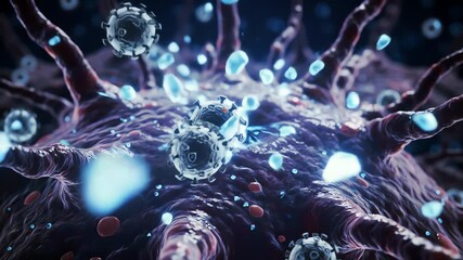 Zika virus entering a neuron, glowing particles spreading like sparks through delicate structures - Powered by Adobe