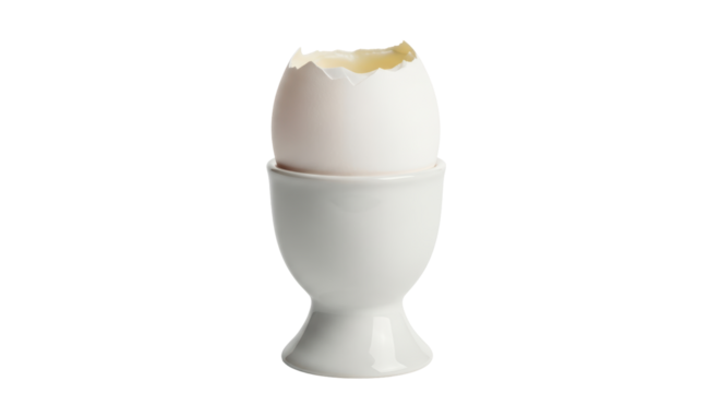 Isolated soft boiled egg cracked open on a cup, breakfast food, delicious and nutritious