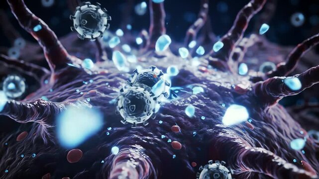 Zika virus entering a neuron, glowing particles spreading like sparks through delicate structures