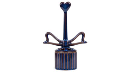 Isolated ceramic container, heart topper, decorative bow, shiny blue glaze, elegant craft