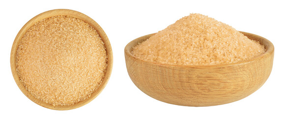 The brown sugar in wooden bowl isolated on white background. Top view. Flat lay
