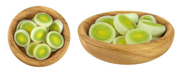 sliced Leek vegetable in wooden bowl isolated on white background. Top view. Flat lay