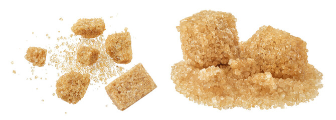 brown sugar cubes isolated on white background. Top view, flat lay