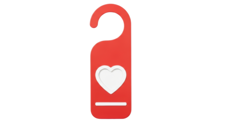 Isolated red door hanger with a heart cut-out, used for Valentine's Day hotel room privacy