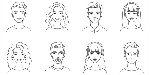 Diverse Set Of Outline Human Avatars With Different Hairstyles And Expressions Keywords: avatar, people, icons, outline, drawing