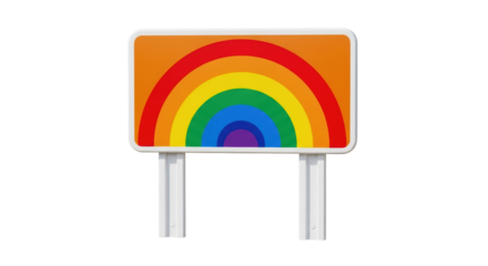 Isolated rainbow road sign with bright orange background and curved colorful rainbow arching