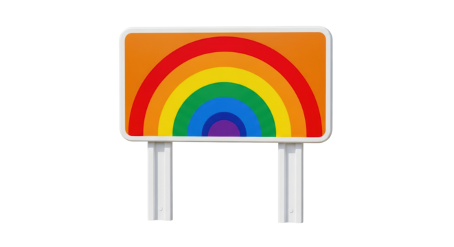 Isolated rainbow road sign with bright orange background and curved colorful rainbow arching