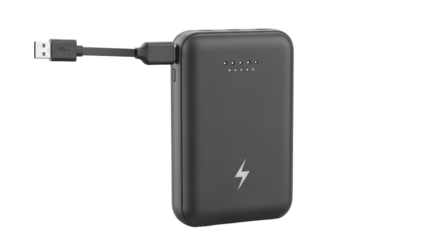 Isolated black power bank with built-in USB cable and lightning icon, portable charger